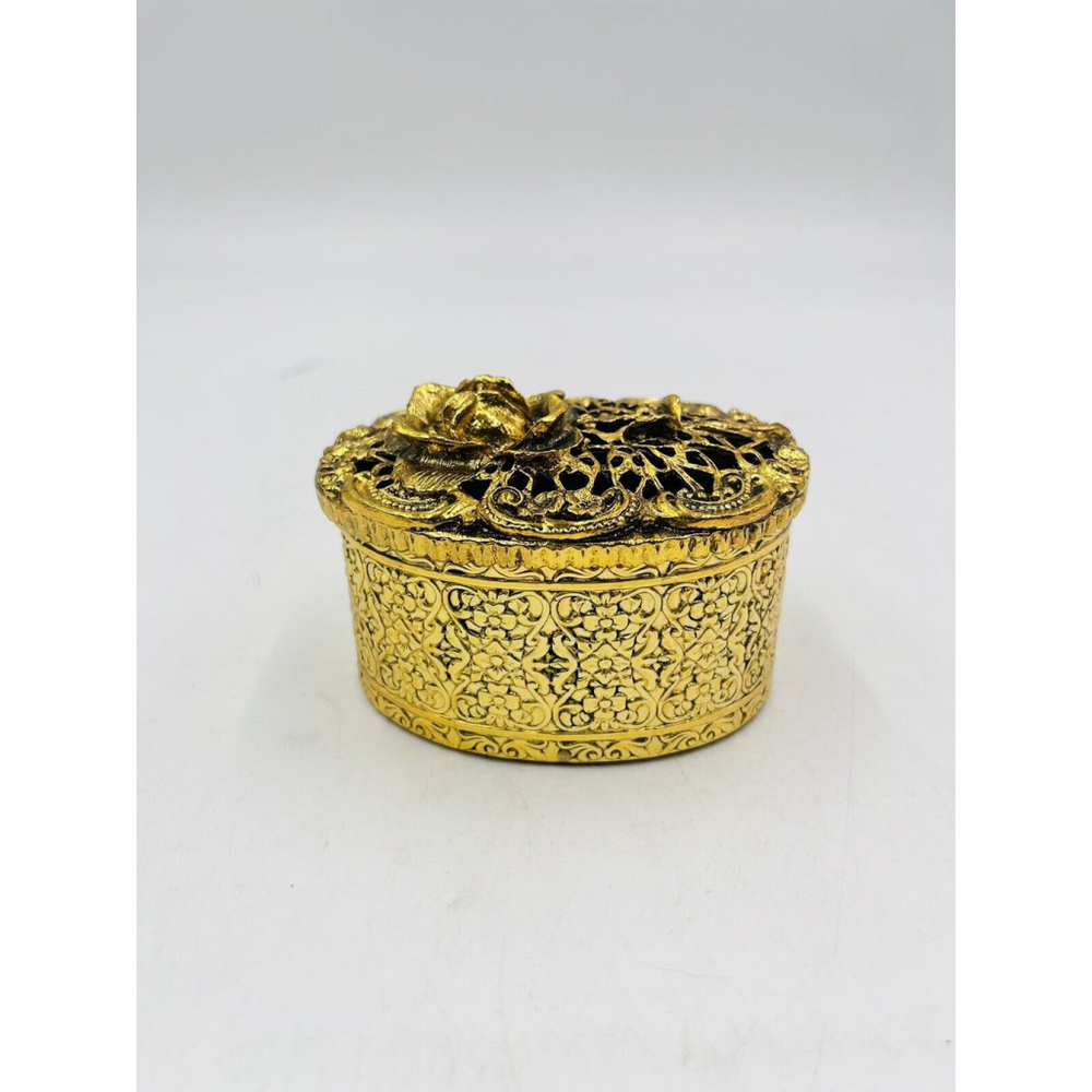 VTG StyleBuilt Gold Oval Trinket / Jewlery Box Floral Design Lid